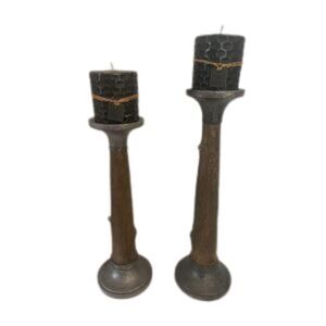 Set of 2 Rustic Resin Tree Trunk Pillar Candle Holders Pewter Look 13” & 15”